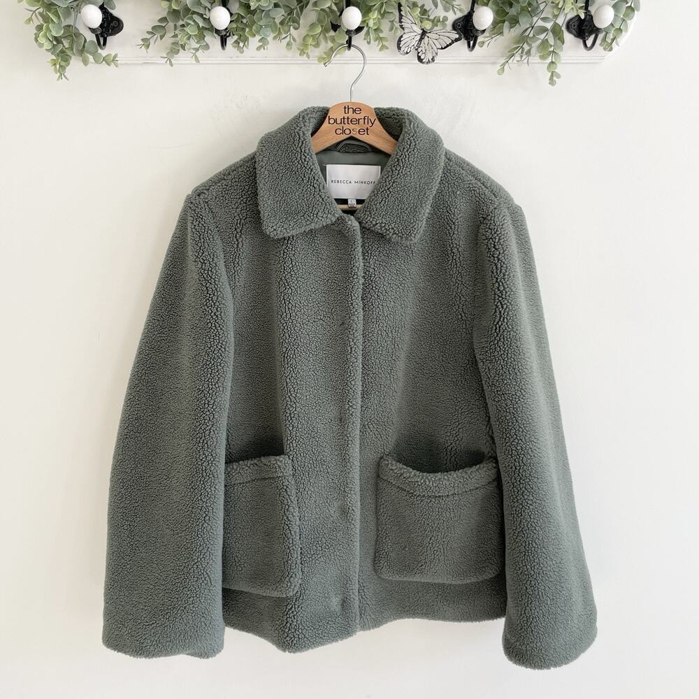 Rebecca Minkoff Sage Green Collared Snappedlong Sleeve Sherpa Fleece Size L